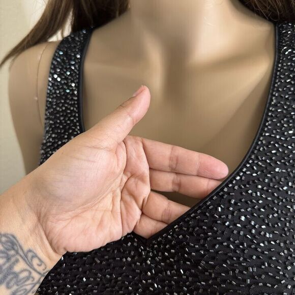 Bieff Basix Long Dress Sz 4 Black Silk Beaded Evening Formal Gown Dark Romance - Picture 3 of 11